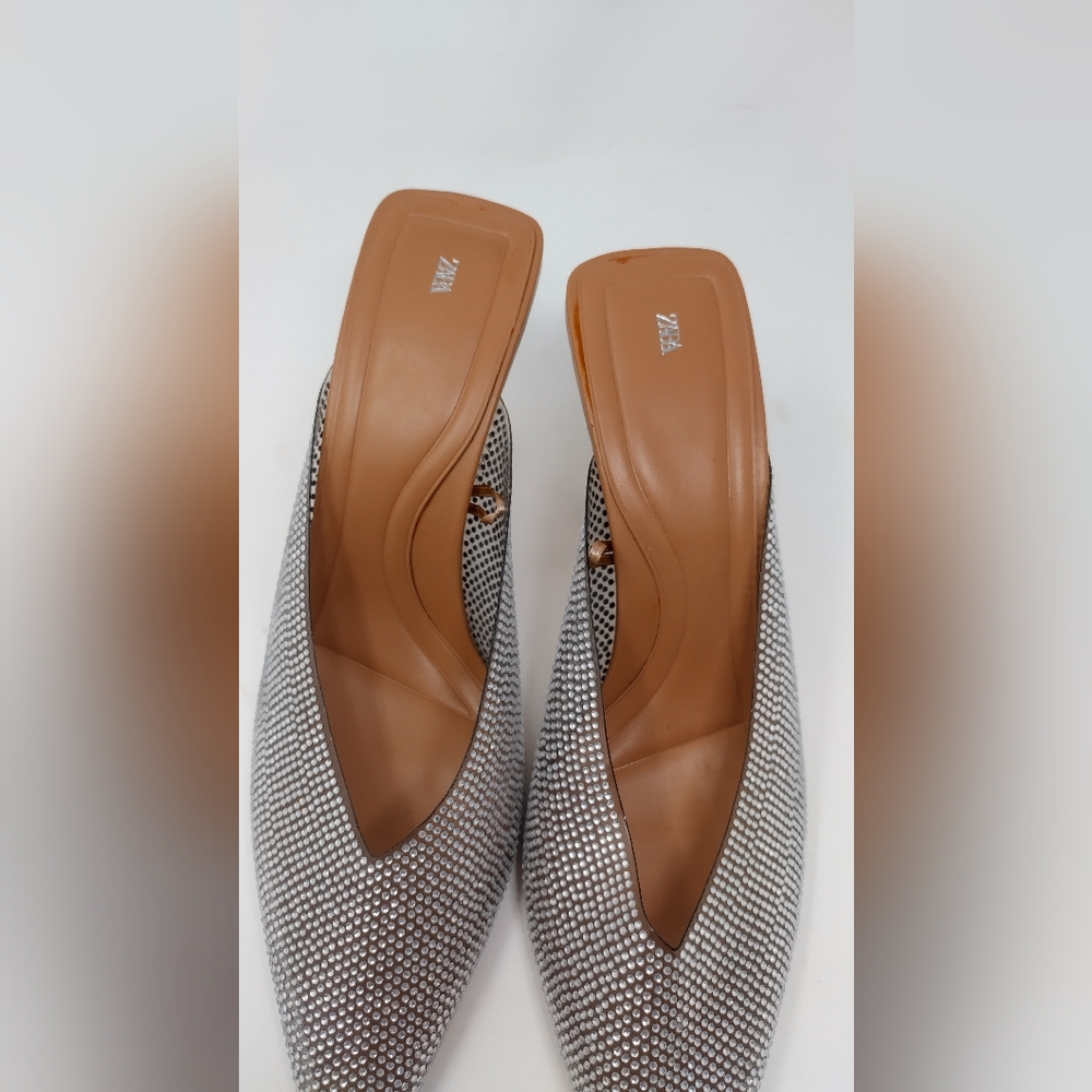 Zara Silver Rhinestone Pointed Toe Kitten Heel Mules - Picture 6 of 8
